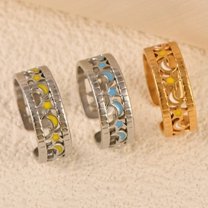 Three-piece stainless steel open star moon enamel rings set with cutout textures