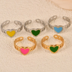 Set of five hollow heart enamel rings with colorful plating and braided chain design