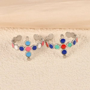 Silver stainless steel open rings featuring colorful enamel polka dots and rainbow design