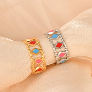 Elegant gold and silver plated stainless steel geometric rings with colorful enamel inlay