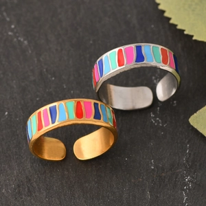 Adjustable colorful striped enamel stainless steel open rings in gold and silver