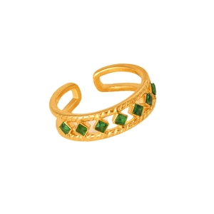 Anillo dorado ajustable con textura trenzada y piedras de circonita cuadrada verde