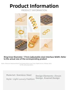 Detail view of 17mm adjustable gold plated stainless steel rings with zircon and enamel