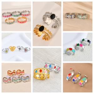 Collection of gold-plated adjustable rings with colorful enamel and zircon stones
