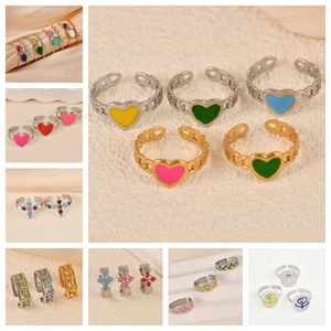 Colorful drip oil gold-plated adjustable open rings with zircon and heart design