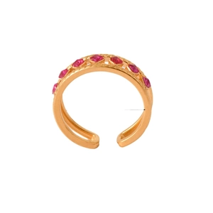 Gold plated double-layered open ring with parallel red zircon stones on a white background