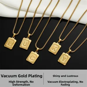 Detail of square gold alphabet pendants LUCKY on durable stainless steel box chain