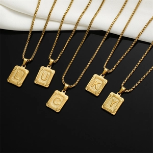 LUCKY 26 alphabet rectangle pendant necklace in gold plated stainless steel