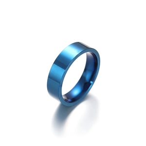 Polished blue stainless steel 6mm minimalist ring with a glossy finish on white background