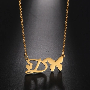 Detail of gold letter D pendant with hollow heart and butterfly on O-chain necklace