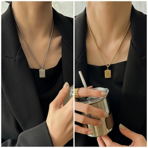 Custom rectangle letter pendant necklace in gold and silver finish with box chain for unisex