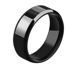Polished black and silver contrast stainless steel ring with double beveled edges