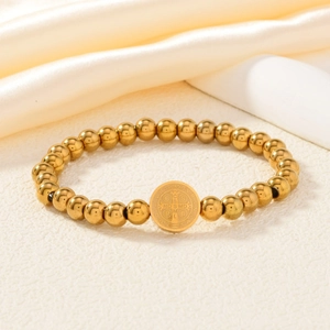 Bracelet à perles dorées avec médaille de Saint Benoît et pendentif religieux vintage