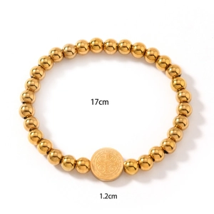 Bracelet religieux en perles dorées avec médaille Saint-Benoît, 17cm et pendentif 1,2cm