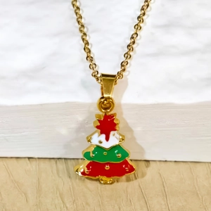 Christmas tree pendant necklace in gold stainless steel with festive enamel colors