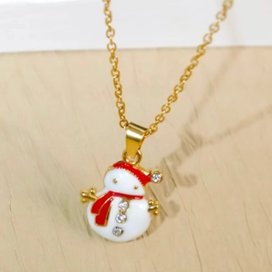 Christmas snowman necklace with white enamel red scarf and rhinestones on gold chain