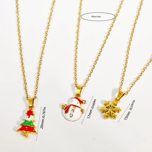 Christmas themed stainless steel necklaces featuring enamel tree and snowman charms