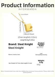 Spécifications du collier médaillon livre en or PVD 18k avec cœur évidé et dimensions