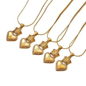 18k gold plated crown heart initial necklace with crystals on gold snake chain