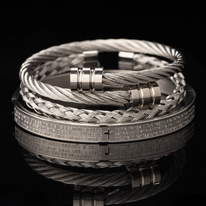 Men's vintage stainless steel bracelet set with Roman numerals and braided steel wire