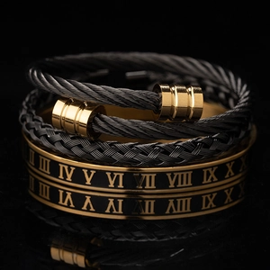 Men's Vintage Stainless Steel Bracelet Set Roman Numerals Italian Prayer Cross Inscribed Bangle Jewelry Hip Hop Style Accessories