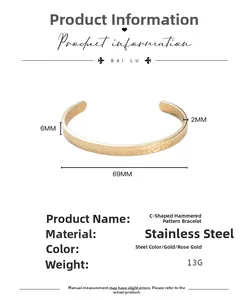 Dettagli su dimensioni e texture martellata di questo bracciale rigido in acciaio inossidabile