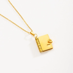 Collier médaillon livre en acier inoxydable plaqué or 18k PVD avec découpe cœur et chaîne