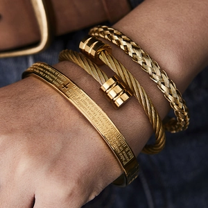 Men's 3-piece gold stainless steel bracelet set featuring engraved prayer and rope textures