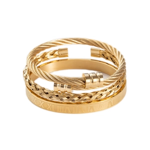 Set of three men's gold stainless steel bracelets with Roman numerals and rope design