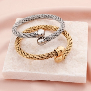 Bracciale Rigido Minimalista in Acciaio Inossidabile a Cavo Intrecciato per Uomo Donna Hip Hop Punk Polsino Regolabile Gioielli