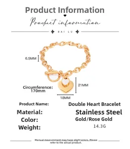 Détails du bracelet cœur avec fermoir OT, matériau en acier inoxydable et dimensions