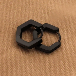 Minimalist geometric hexagonal stainless steel hoop earrings in matte black finish
