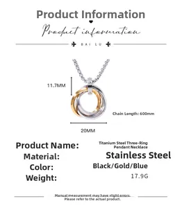 Détail macro du pendentif à trois anneaux avec mesures de dimensions précises