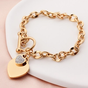 Bracelet Pendentif Coeur en Acier Titane pour Femmes Minimalisme Style INS Fermoir OT Or Argent Or Rose Strass Bijoux de Mode