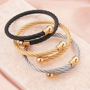 Hip Hop Stainless Steel Cable Wire Twisted Bangle For Men Women Adjustable Open Ball Head Gold Silver Black Cuff Bracelet
