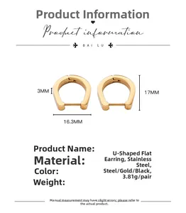 Detail view of U-shaped stainless steel earrings with weight and size specifications