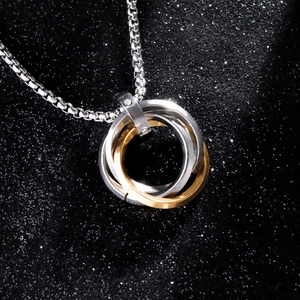 Collier hip hop à trois anneaux entrelacés en argent et or avec cristaux et chaîne box