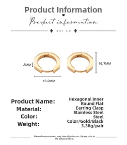 Boucle d'oreille hexagonale en acier inoxydable doré avec dimensions et poids