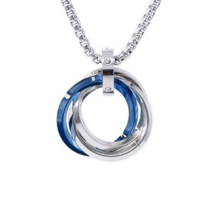 Collier avec pendentif à trois anneaux entrelacés bleu et argent en acier inox