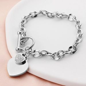 Silver titanium steel chain bracelet with crystal pavé heart charm and OT clasp