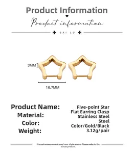 Macro shot of 16.7mm gold star shaped stainless steel earrings with size specifications