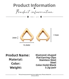 Detailed size specifications for geometric diamond-shaped stainless steel huggie earrings