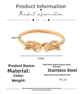 Detail view of 5mm thick stainless steel dragon head cable bracelet with size measurements