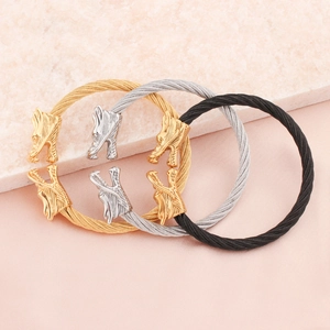 Punk Stainless Steel Dragon Head Open Cuff Bracelet For Men Women Vintage Twisted Cable Wire Metal Bangle Jewelry Accessory