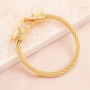 Golden double dragon head cable bracelet with twisted stainless steel open design