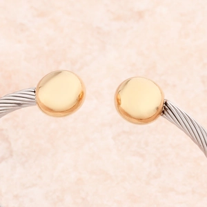 Minimalist cable wire stainless steel open bangle with golden round end caps