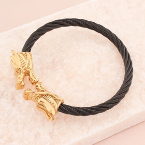 Punk style stainless steel cable bracelet featuring dual golden dragon heads and black wire