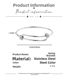 Adjustable stainless steel spring bangle showing 1.5mm thickness and inner diameter specs