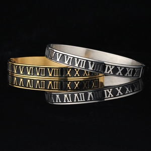Bracelet Jonc Chiffres Romains Acier Inoxydable Avec Émail Noir Bijoux Vintage Hip Hop Pour Hommes Et Femmes