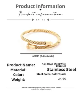 Macro detail of adjustable gold stainless steel nail wire bracelet with 65mm diameter